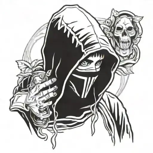 fineline of Billie Eilish wearing a black hooded cloak holding a ghostface killer mask from the movie scream in her hand tattoo design idea