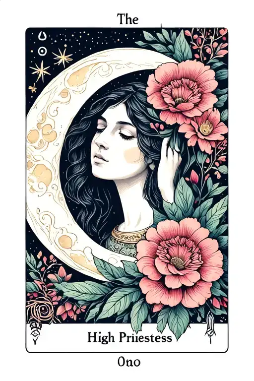 The High Priestess Tarot Card, moon, florals tattoo design idea