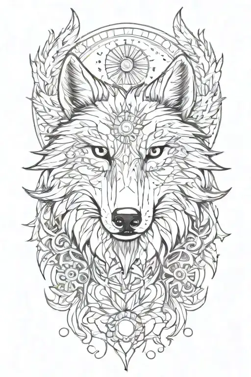 Wolf head with wings and moon sun stars tattoo design idea