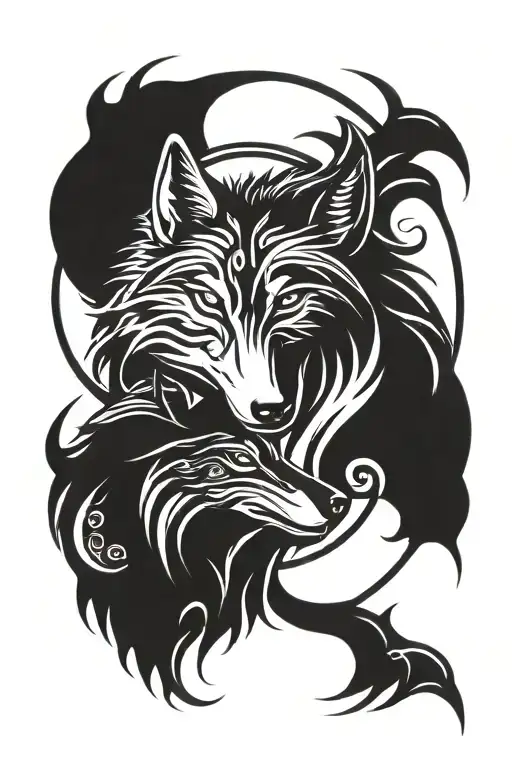 two wolves yin and yang tattoo design idea