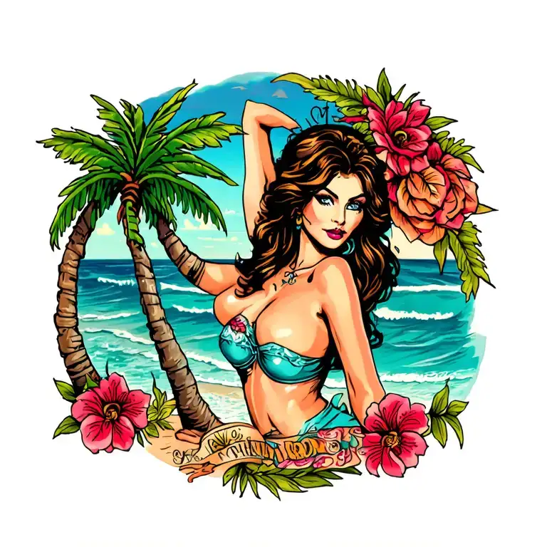 palm tree and beach pinup wife tattoo design idea