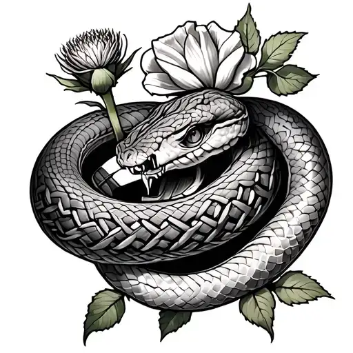 Celtic inspired tattoo featuring a biting snake wrapped around a rugby ball. include a rose, a thistle and a daffodil tattoo design idea