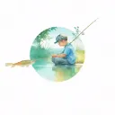 a small boy fishing sitting on the banks of a river, you can see his reflection and behind him a tree that looks like a  tattoo design idea