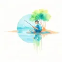 a small boy fishing sitting on the banks of a river, you can see his reflection and behind him a tree that looks like a  tattoo design idea