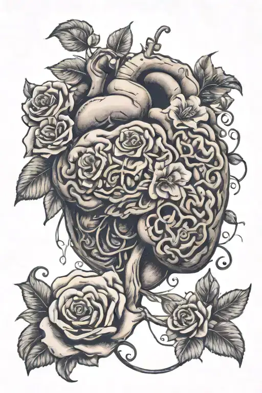 brain and heart with flowers and lawyer symbol tattoo design idea
