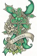 cerebral palsy awareness ribbon with a catholic cross, and the background of western (cowgirl and equine) tattoo design idea
