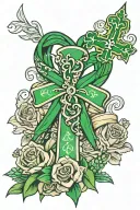 cerebral palsy awareness ribbon with a catholic cross, and the background of western (cowgirl and equine) tattoo design idea