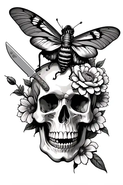 moth and a chef knife going through a skull with flowers tattoo design idea