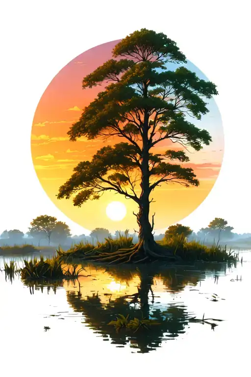 trees colors sunset over swamp tattoo design idea