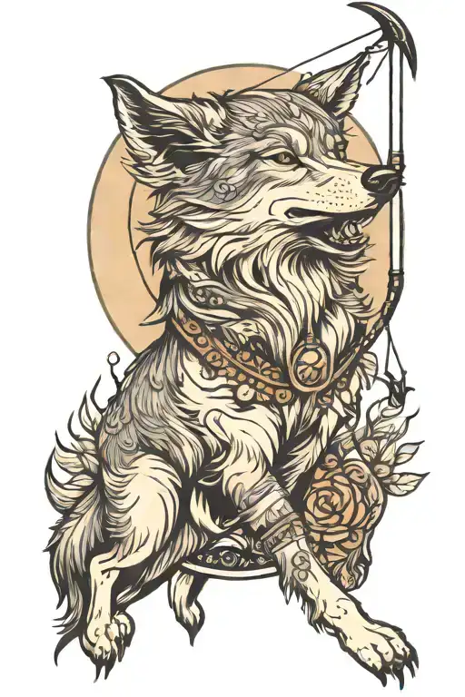 wolf, full moon, bow and arrow tattoo design idea
