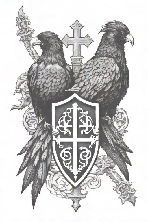 Rooker family crest tattoo incorporating castle, 2 large crows holding a Celtic cross, and 4 small crows in the shield tattoo design idea