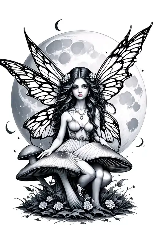 cyber sigilism fairy and mushroom and moon surrounded tattoo design idea