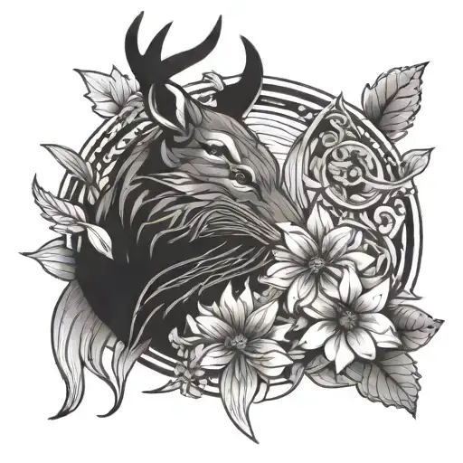abstract tattoo design featuring sun, deer, Lilly flower, otter animal , beaver , raven bird, bear, chrysanthemum flower tattoo design idea