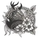 abstract tattoo design featuring sun, deer, Lilly flower, otter animal , beaver , raven bird, bear, chrysanthemum flower tattoo design idea