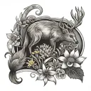 abstract tattoo design featuring sun, deer, Lilly flower, otter animal , beaver , raven bird, bear, chrysanthemum flower tattoo design idea