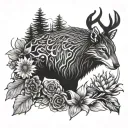 abstract tattoo design featuring sun, deer, Lilly flower, otter animal , beaver , raven bird, bear, chrysanthemum flower tattoo design idea