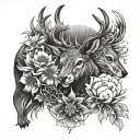abstract tattoo design featuring sun, deer, Lilly flower, otter animal , beaver , raven bird, bear, chrysanthemum flower tattoo design idea