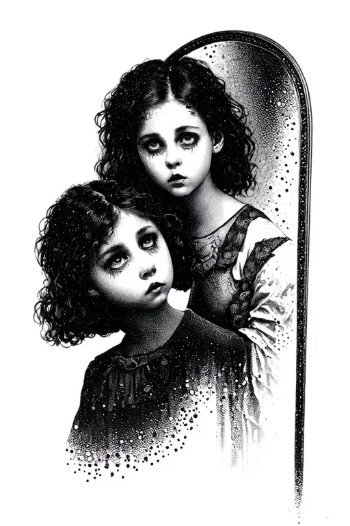 Girl with a muzzle of a stranger from a horror movie looks in the mirror tattoo design idea