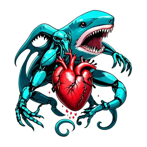a new school style tattoo of  cthulhu fighting a giant cyborg shark, with a mechanical heart floating between them tattoo design idea