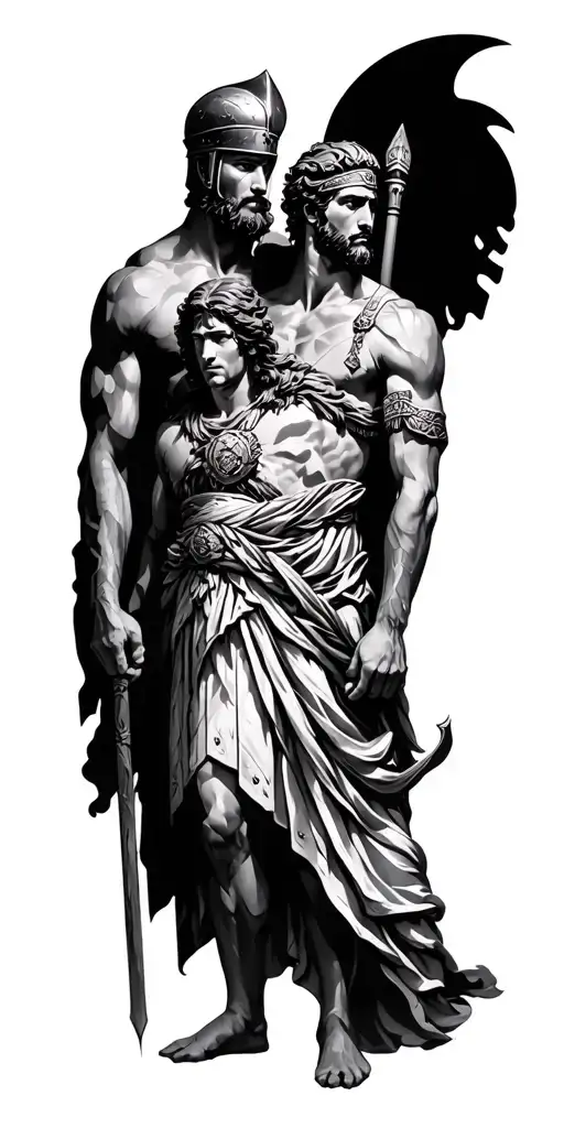Hephaestus and Athena and Hermes and Apollo and Ares and Hephaestus and Poseidon  Greek god warriors with helmet tattoo design idea