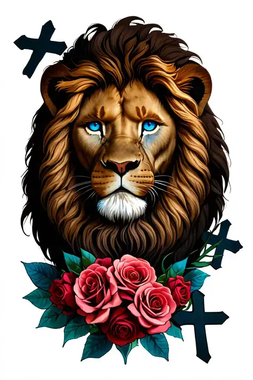 lion with blue eyes and Jesus in the middle with roses and on the bottom with 3 crosses tattoo design idea