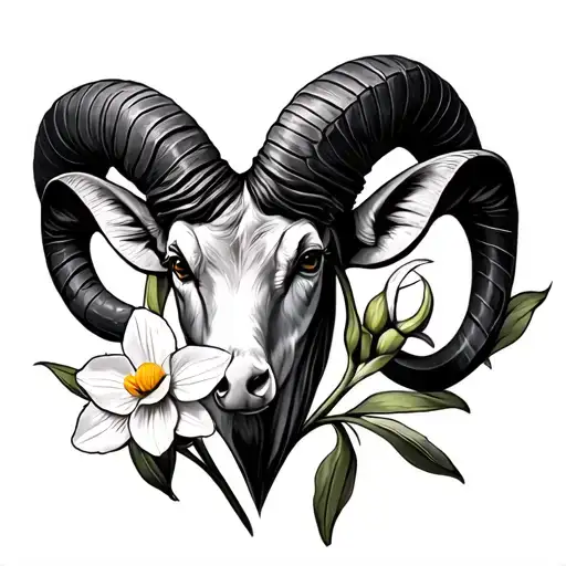 v, aries sign, ram horn, daffodil bud bursting tattoo design idea