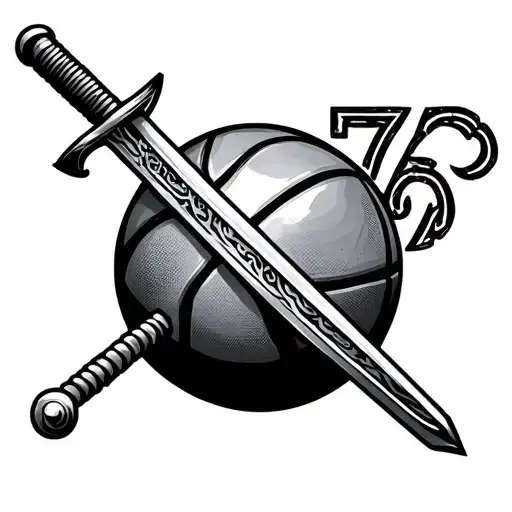 A Japanese sword piercing the number seven and a medium basketball ball tattoo design idea