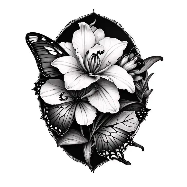 lilly, orchid and butterfly made entirely of intricate tattoo design idea
