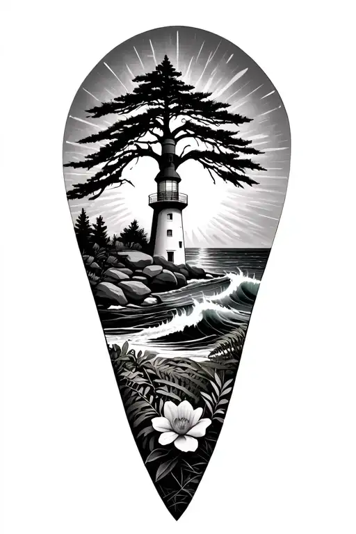 lightouse with radiating light arrows framed by fir tree and wave with big coastal flower and ferns and plants on rocks tattoo design idea