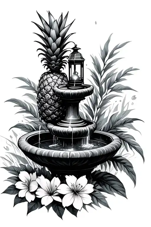pineapple fountain with lantern and flowers.  tattoo design idea