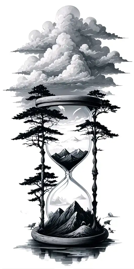 mountains, clouds, animals, hourglass , tree tattoo design idea