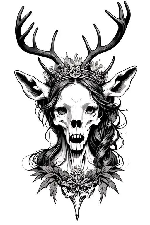Persephone with deer skull crown, 3/4 head and chest outline, black and grey, detailed bone texture, clean lines, vector tattoo design idea