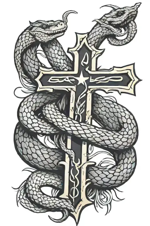 cross incorporated with Gadsden Flag Snake sitting tattoo design idea