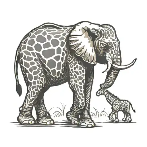 baby elephant looking up at an adult giraffe silhouette tattoo design idea