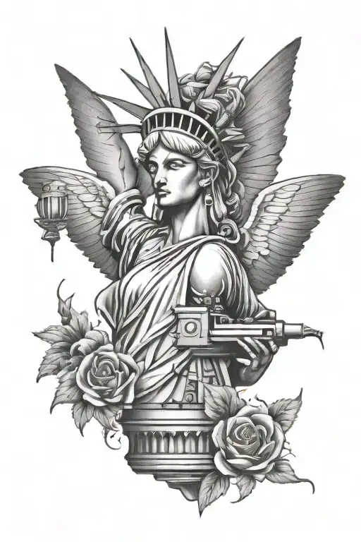 haunting statue of liberty holding bullet with butterfly wings  tattoo design idea