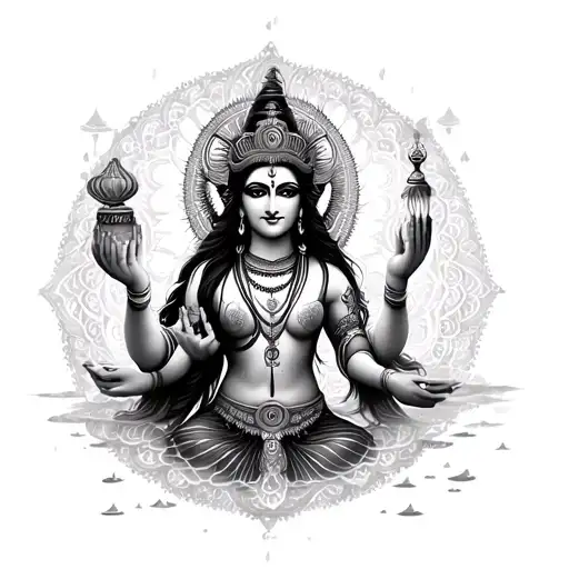 Kali goddess with abstract face, multiple arms holding symbolic objects, surrounded by soft mandala patterns and water e tattoo design idea