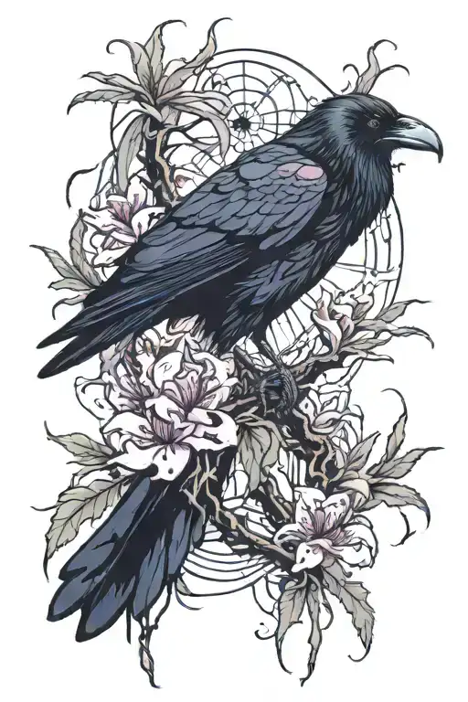 raven with pink eyes perched on a bloody sytche with blood dripping onto skulls surrounded by spider lilies tattoo design idea