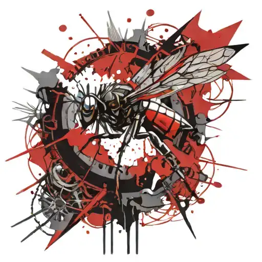 a mosquito from up view point through camera looking fantasy witcher style with red accents unsettling  tattoo design idea