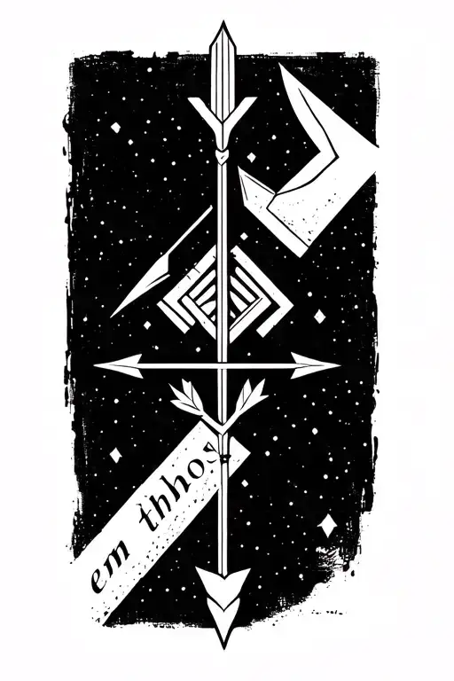fine line tattoo of sagittarius arrow with the words "en theos" integrated, minimalist style, wrist placement tattoo design idea