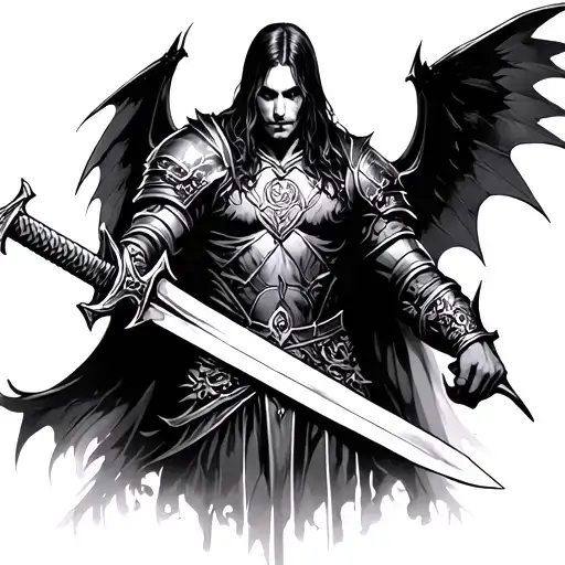 Gothic tattoo warrior with sword right side has demonic bat wing left side has angelic wing Chest size tattoo tattoo design idea