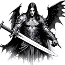 Gothic tattoo warrior with sword right side has demonic bat wing left side has angelic wing Chest size tattoo tattoo design idea