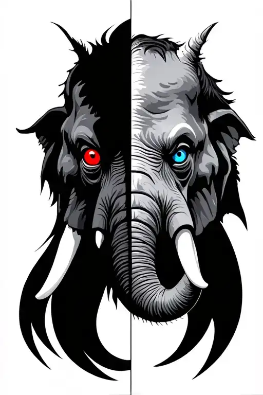 elephant face one portrait half face evil with red eye and other nice with blue eye  tattoo design idea
