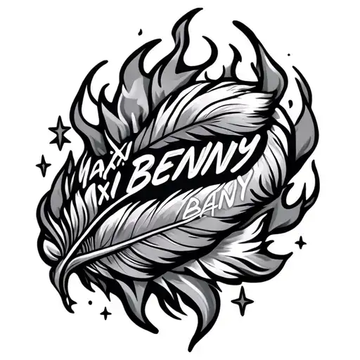 "Maxi Benny Alex" infinity feather with stars and flames around it tattoo design idea