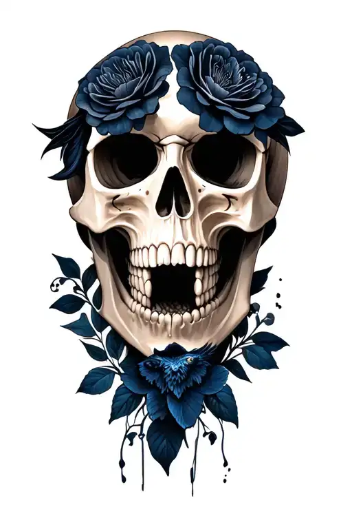 skull flowers and raven tattoo design idea