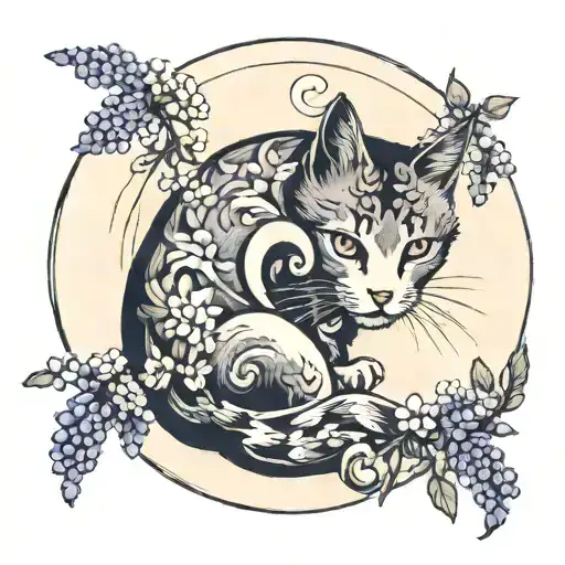 wisteria flower with a yin and yang cat tattoo design idea
