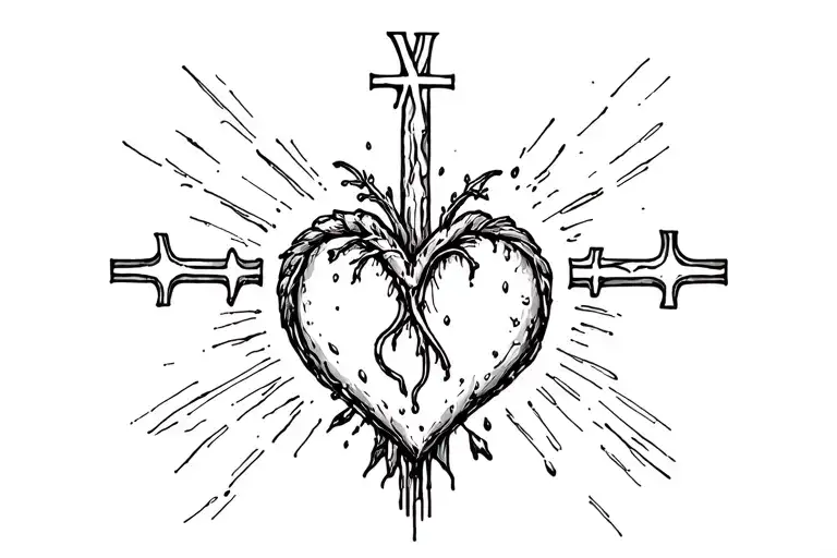 cross, bleeding heart, roman numerals tattoo design idea