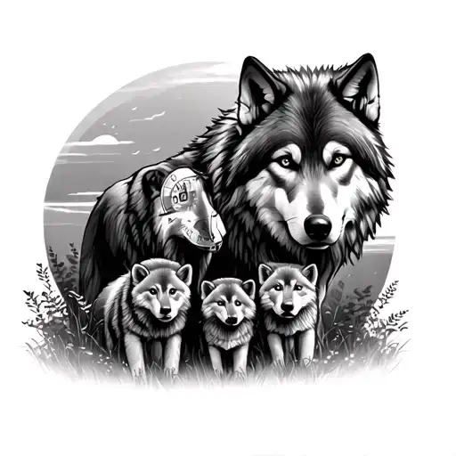 wolf with 2 cubs in a sunset woodland scene featuring a roman clock face tattoo design idea