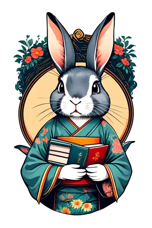 rabbit wearing kimono, holding books in circular background tattoo design idea