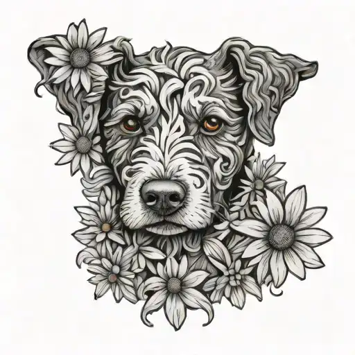 daisies around cockapoo dog head surrounded tattoo design idea