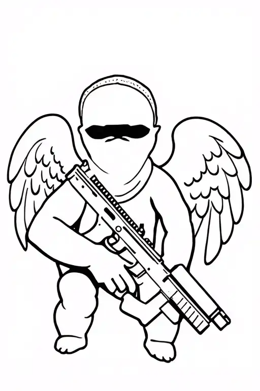 Make a black and white outline of an baby angel in the white Rob and in a black ski mask holding and AK-47 assault rifle tattoo design idea